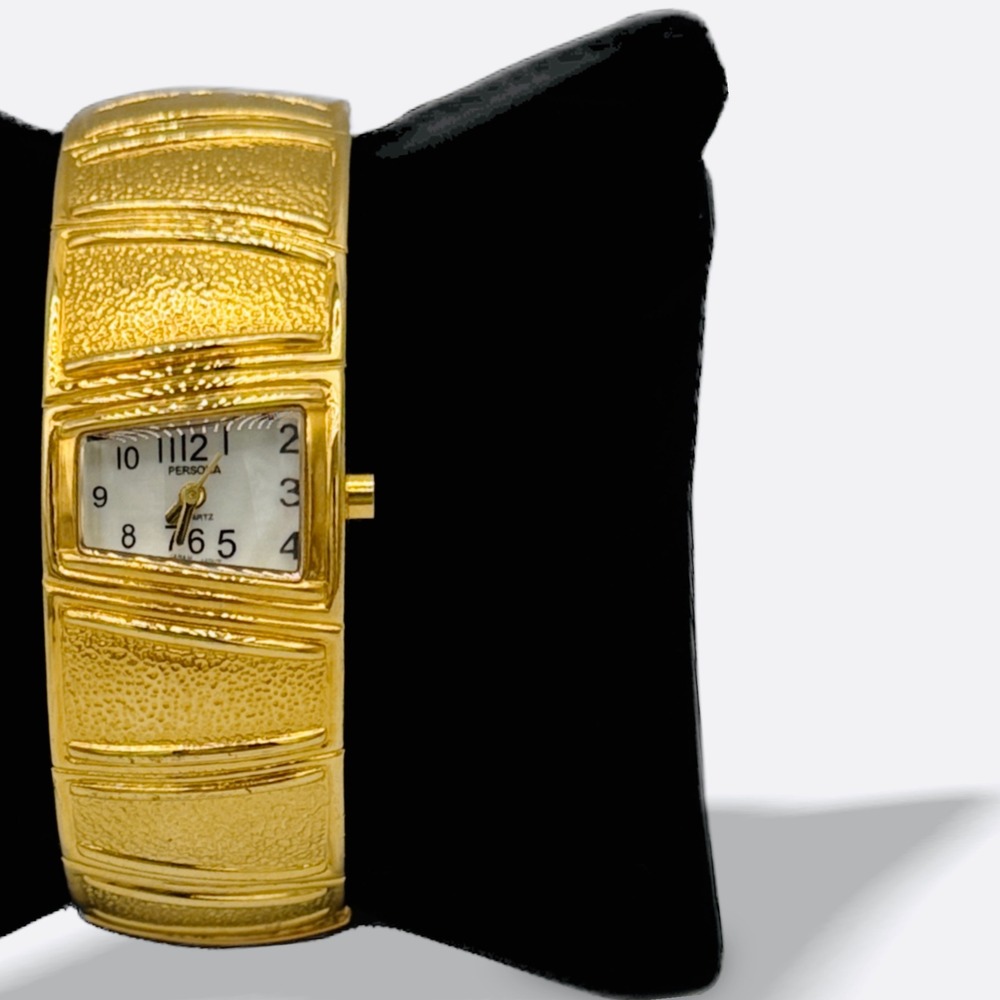 Persona Gold Tone Chunky Cuff Watch Textured Japan Movt‎  Statement Bangle Style